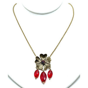 Vintage Pilgrim Danish Design Gold Poppy Crystal Red Dangle Necklace